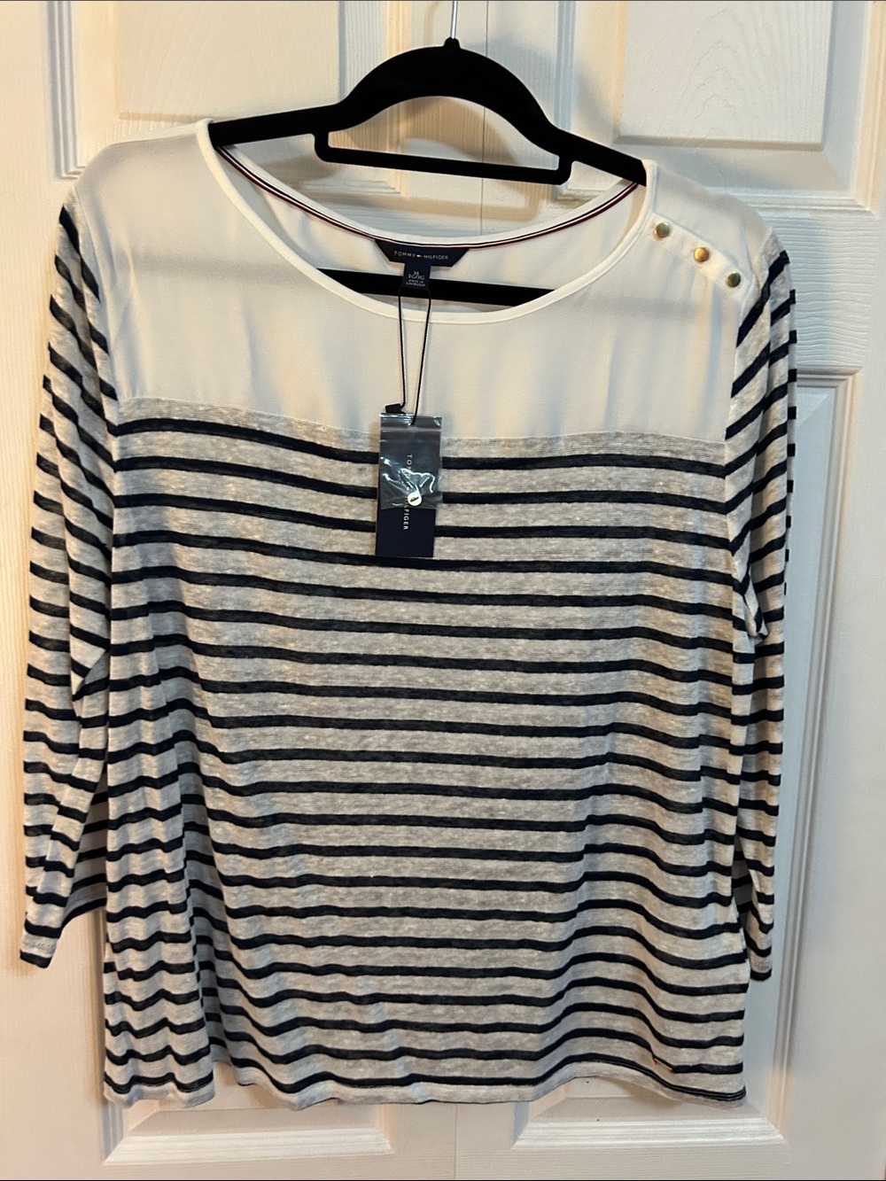 Tommy Hilfiger White and Navy Striped Long Sleeve Boatneck Top with Gold Buttons